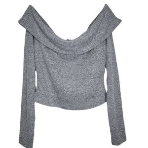 Bar III Off The Shoulder Ribbed Gray Crop Long Sleeve Top XS